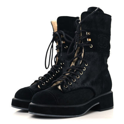 Chanel Suede Pony Hair Shearling Lace Up Combat Boots 39.5 Black White 3 of 8