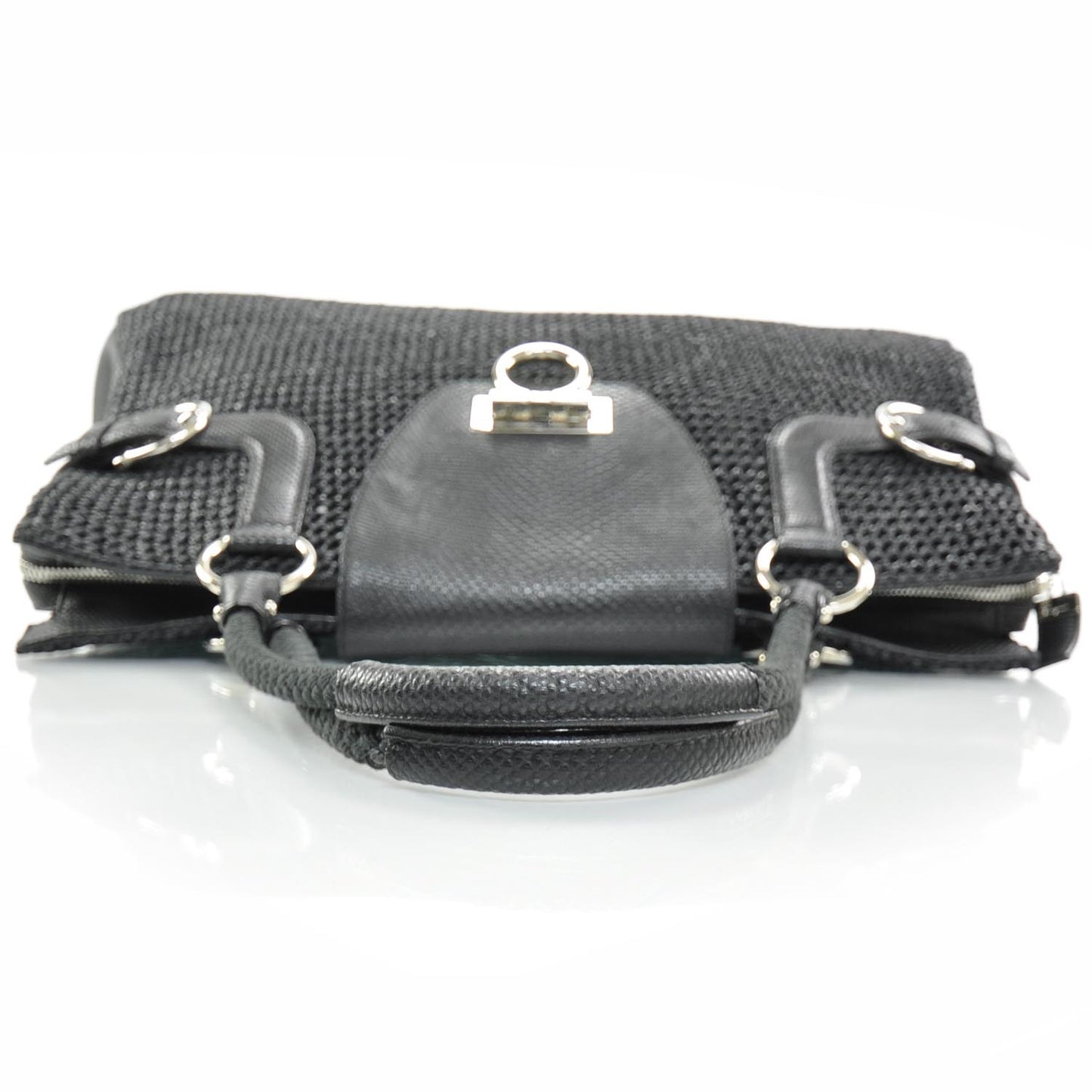 SALVATOREFERRAGAMOLeatherStrawWovenSatchelBlack