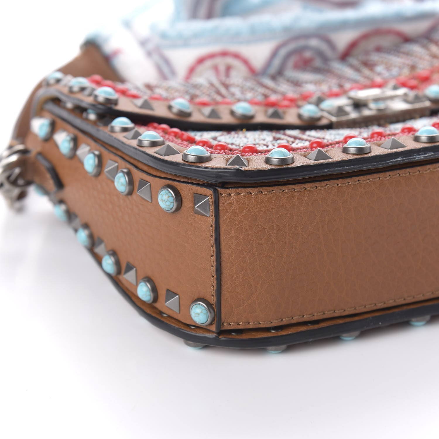 Valentino Garavani Calfskin Embroidered Medium Guitar Strap Rockstud Rolling Flap Saddle Bag Light Cuir 6 of 9