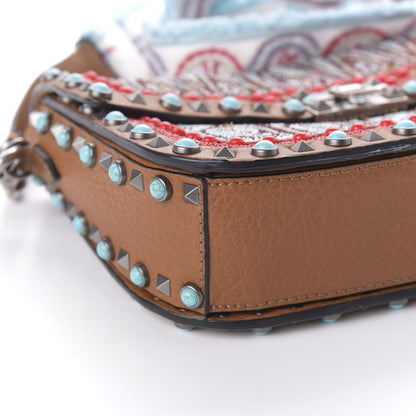Valentino Garavani Calfskin Embroidered Medium Guitar Strap Rockstud Rolling Flap Saddle Bag Light Cuir 6 of 9