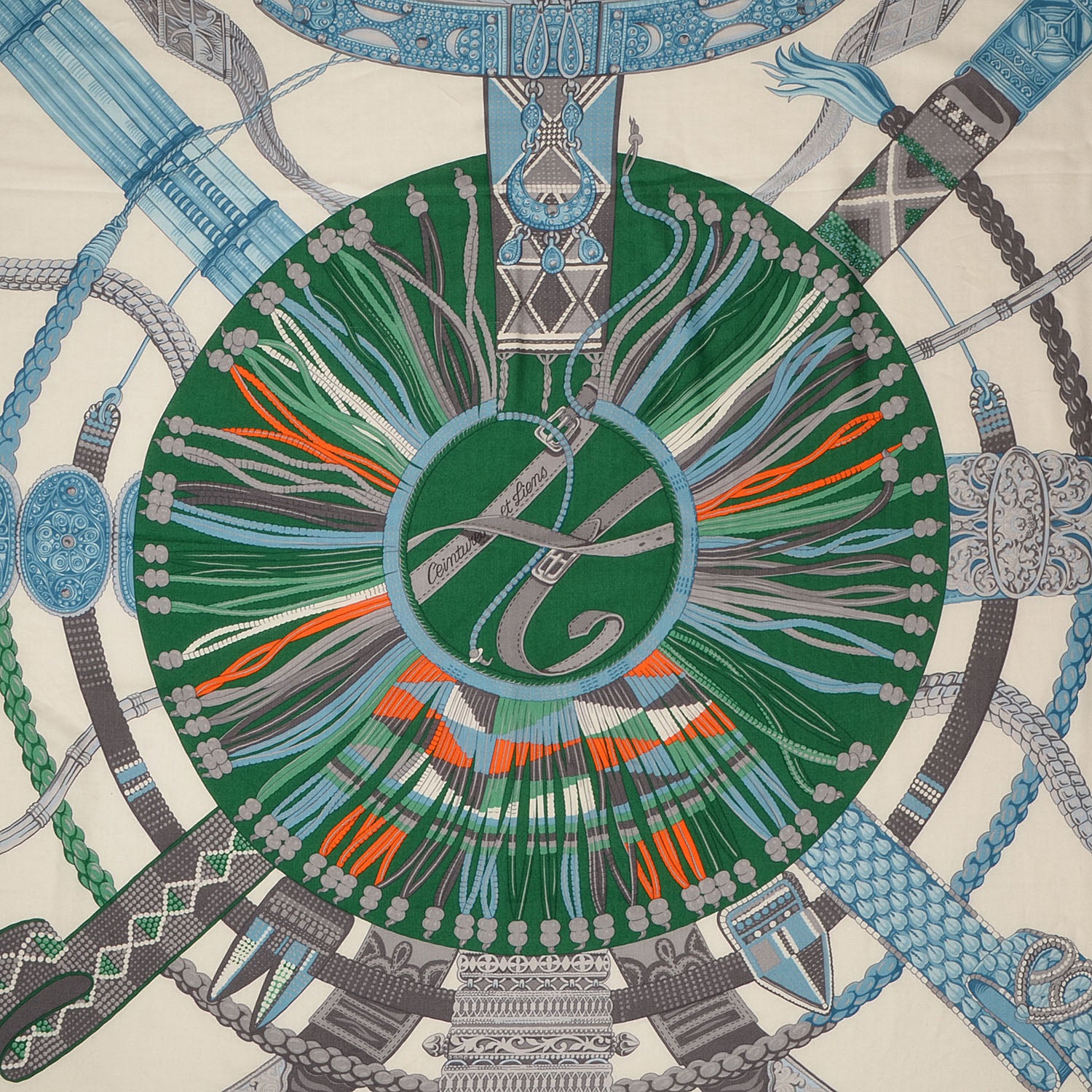 Hermes Cashmere Silk Ceintures et Liens Shawl 140 Bleu Klein Blanc Vert 1 of 6