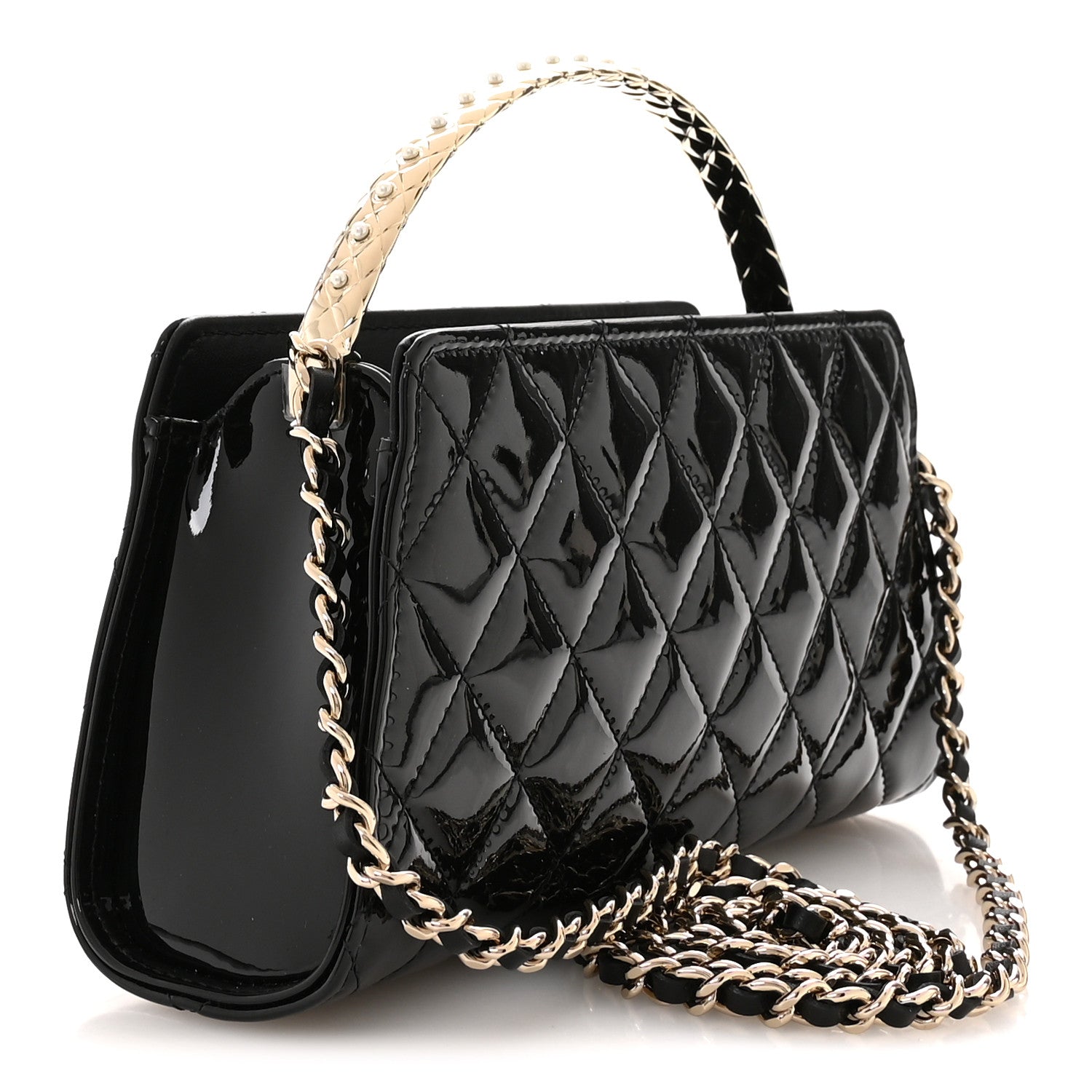 Chanel Patent Calfskin Quilted Pearl Clutch With Chain Black 3 of 11