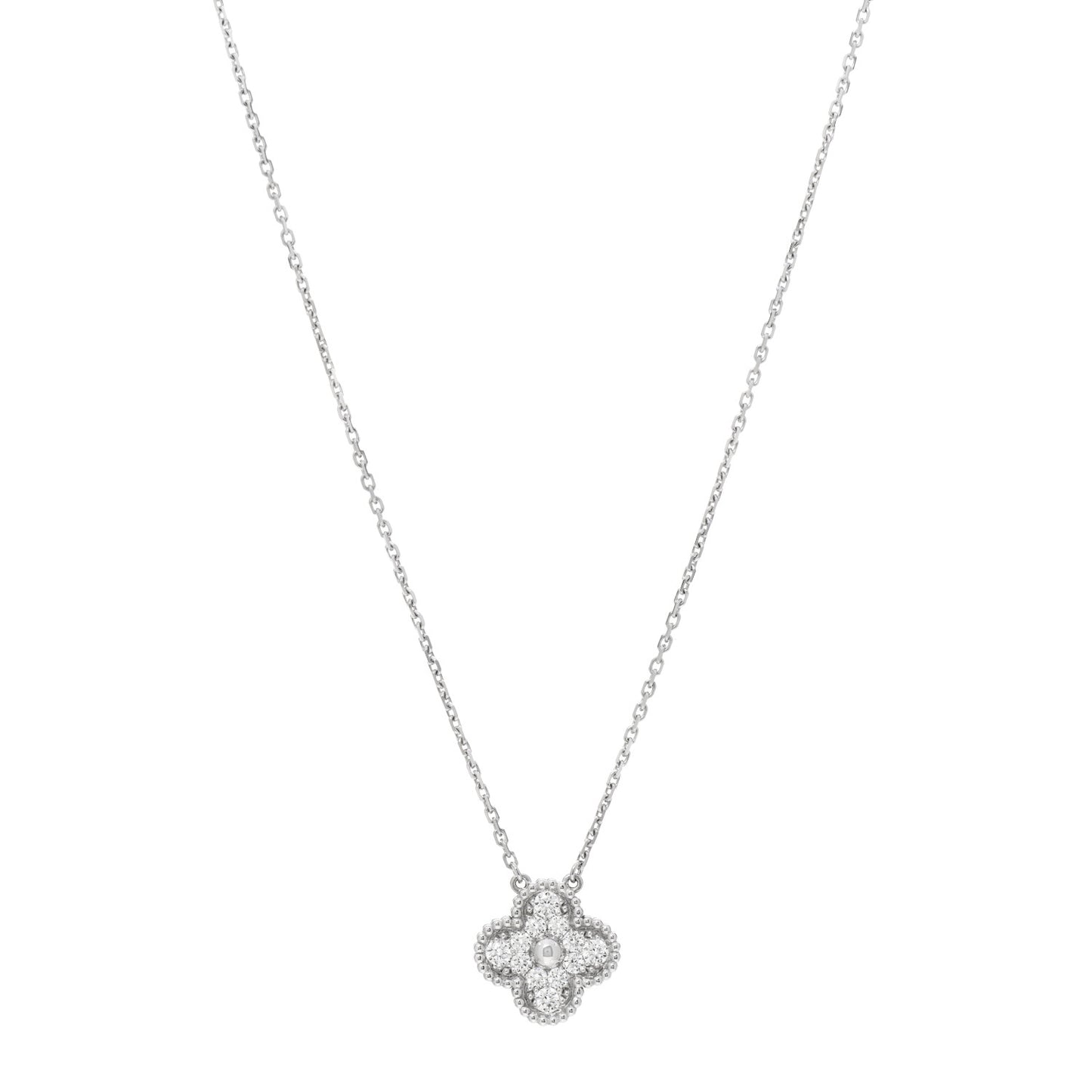 18K White Gold Diamond Vintage Alhambra Pendant Necklace