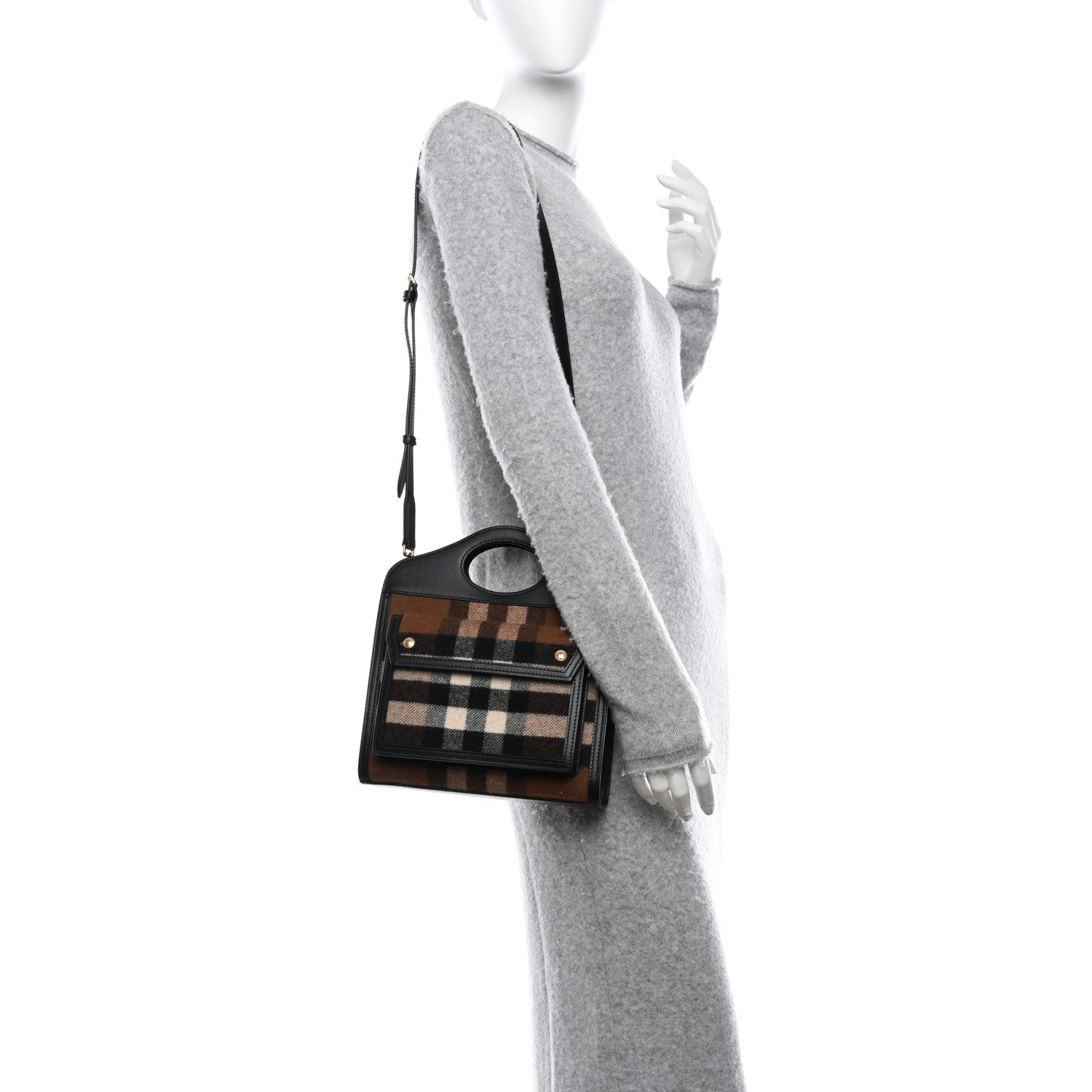 Burberry Smooth Calfskin Cashmere Check Mini Pocket Bag Brown 2 of 9
