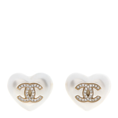 Chanel Pearl Crystal CC Heart Earrings Gold 1 of 4
