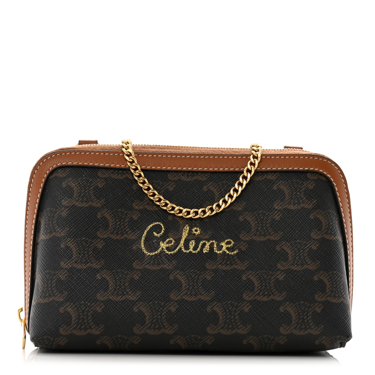 Lambskin Triomphe Canvas Embroidered Logo Clutch With Chain Tan