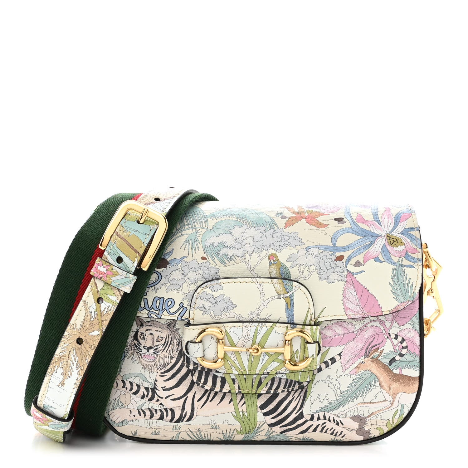 Gucci New Shangai Calfskin Tiger Savanah Web Mini Horsebit 1955 Shoulder Bag Chalky White Multicolor 1 of 10