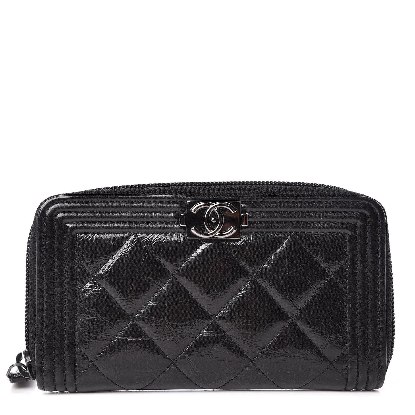 Distressed Patent Quilted Small Boy Zip Around Wallet Black
