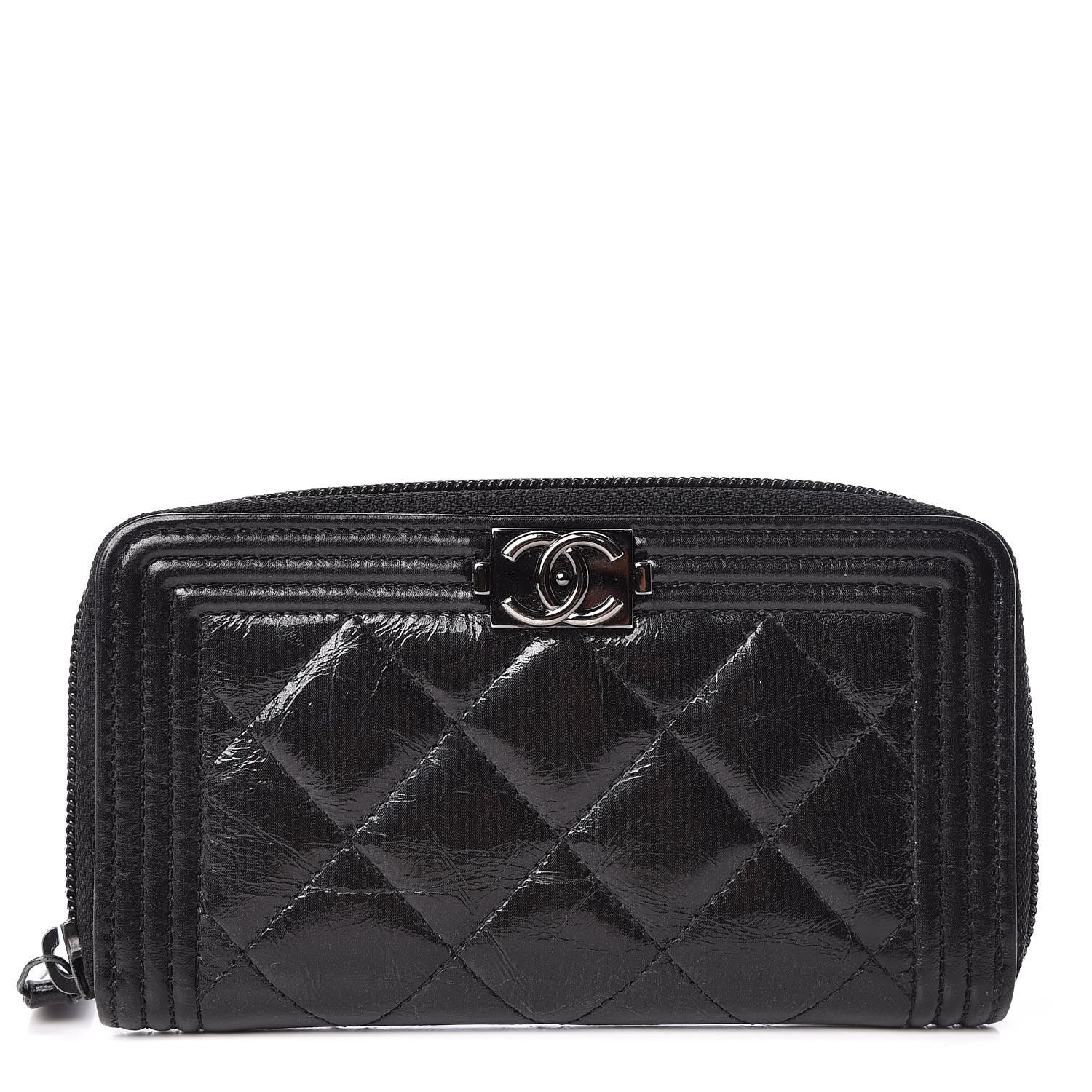 Chanel Distressed Patent Quilted Small Boy Zip Around Wallet Black 1 of 8