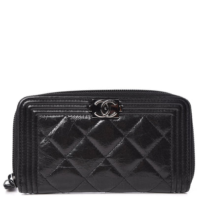 Chanel Distressed Patent Quilted Small Boy Zip Around Wallet Black 1 of 8