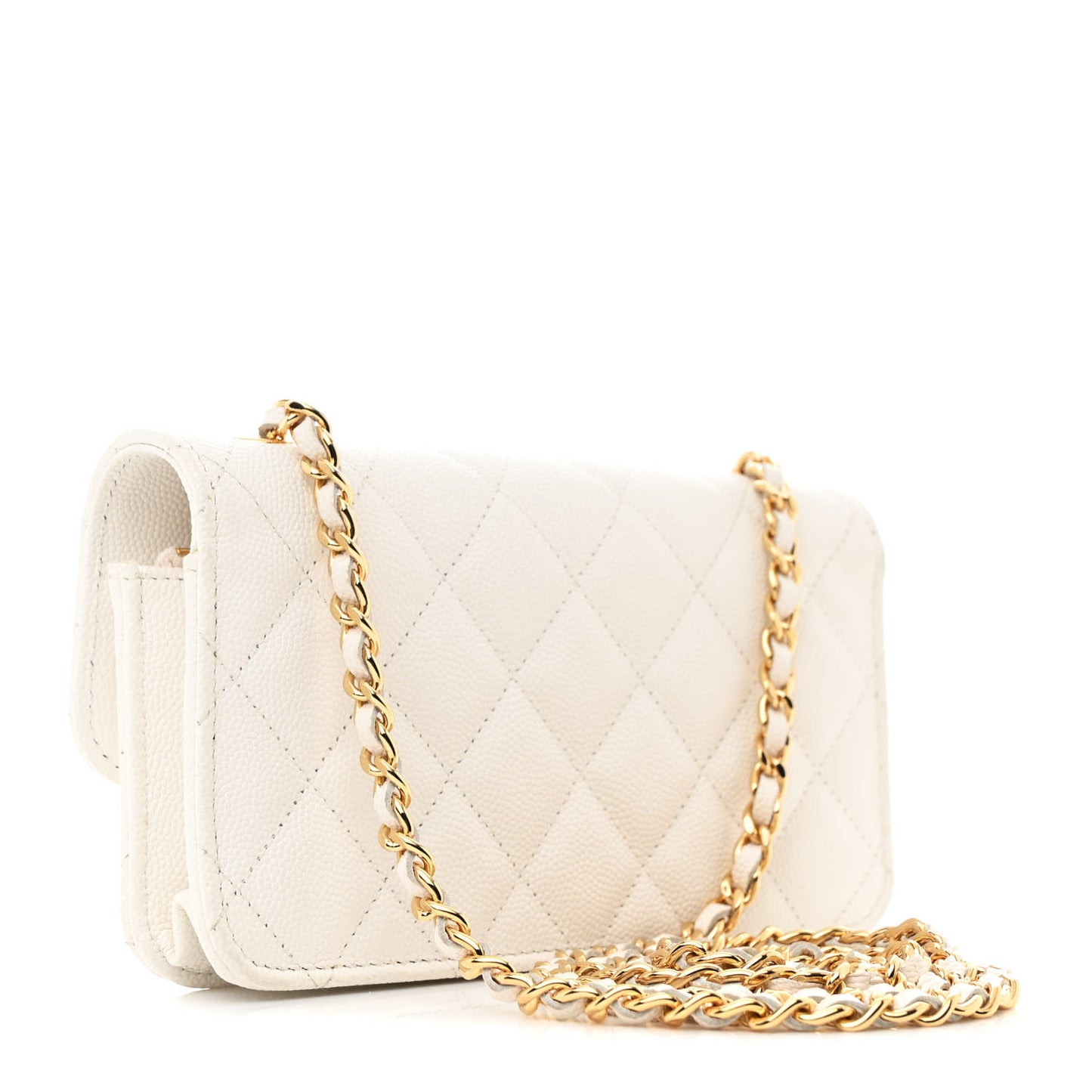Caviar Quilted Enamel Coco Casino Flap Phone Holder With Chain White