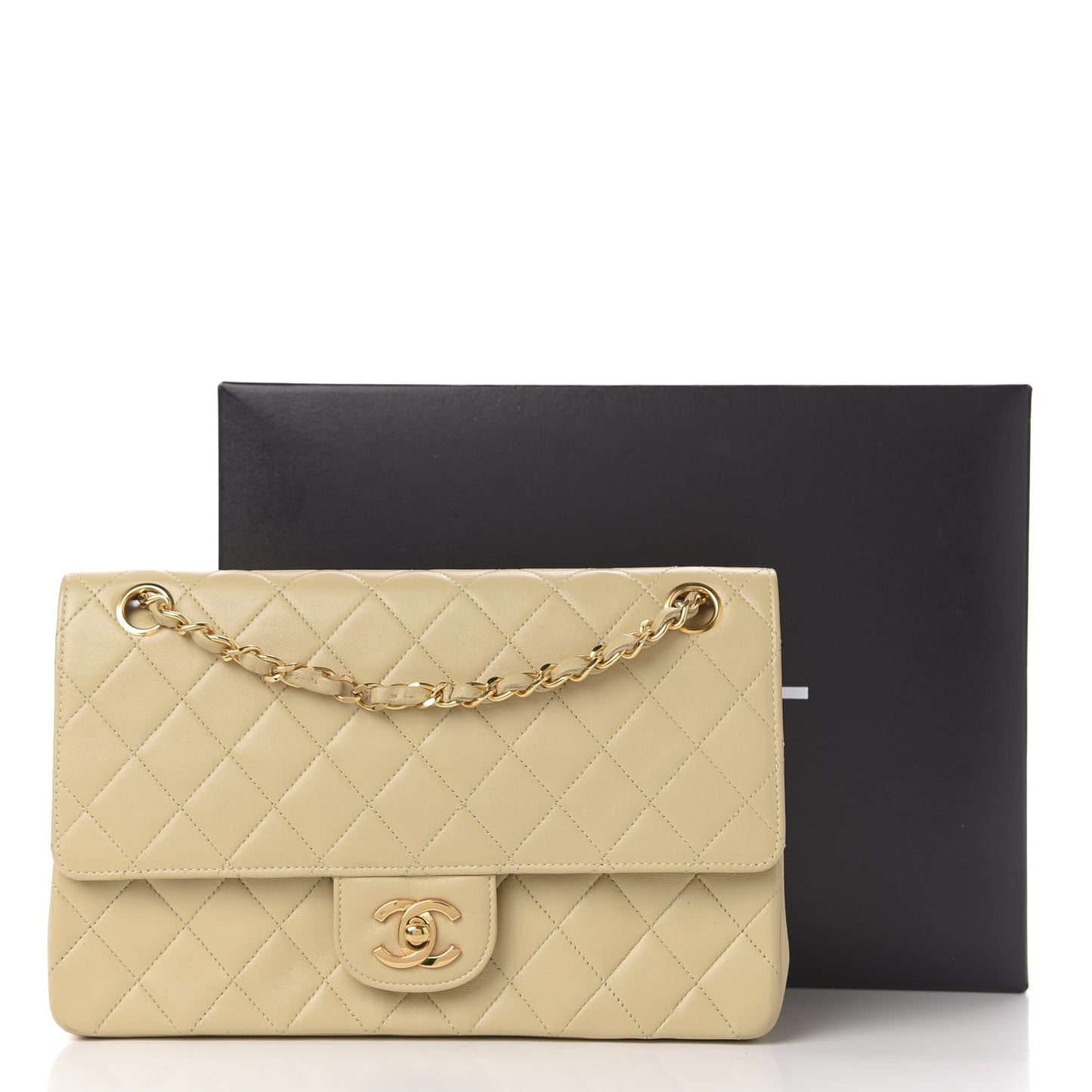 Lambskin Quilted Medium Double Flap Beige