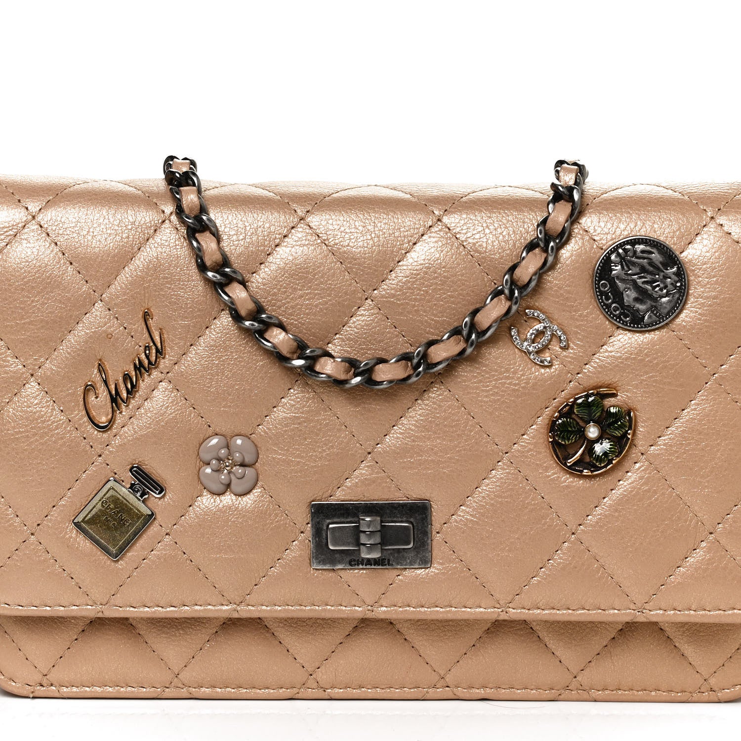 Chanel Metallic Calfskin Lucky Charms Casino 2.55 Reissue Wallet On Chain WOC Beige 9 of 14