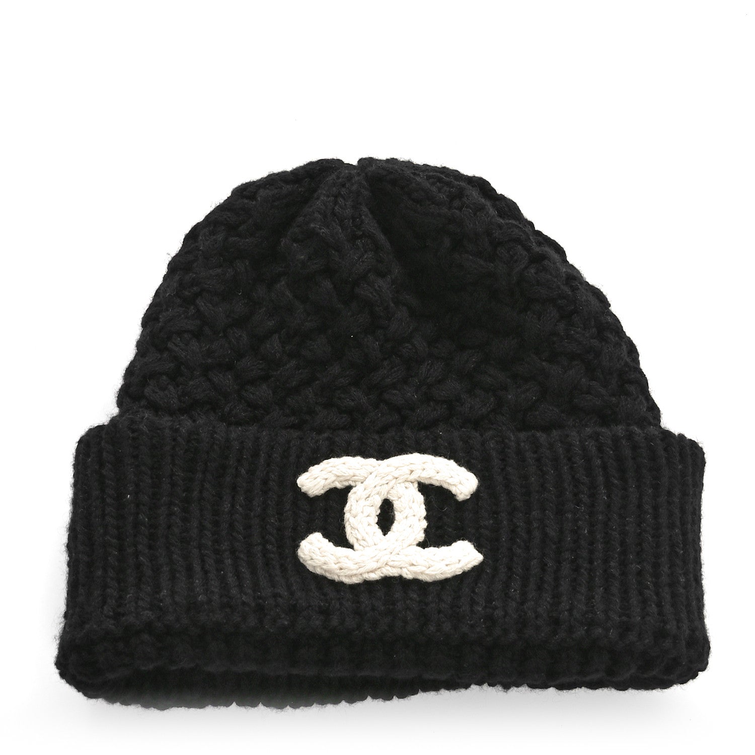 Chanel Wool Cashmere CC Beanie Hat Black White 1 of 5