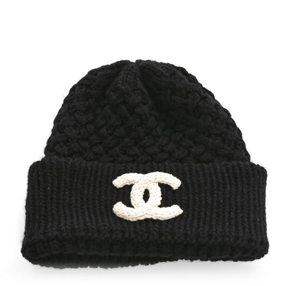 Chanel Wool Cashmere CC Beanie Hat Black White 1 of 5