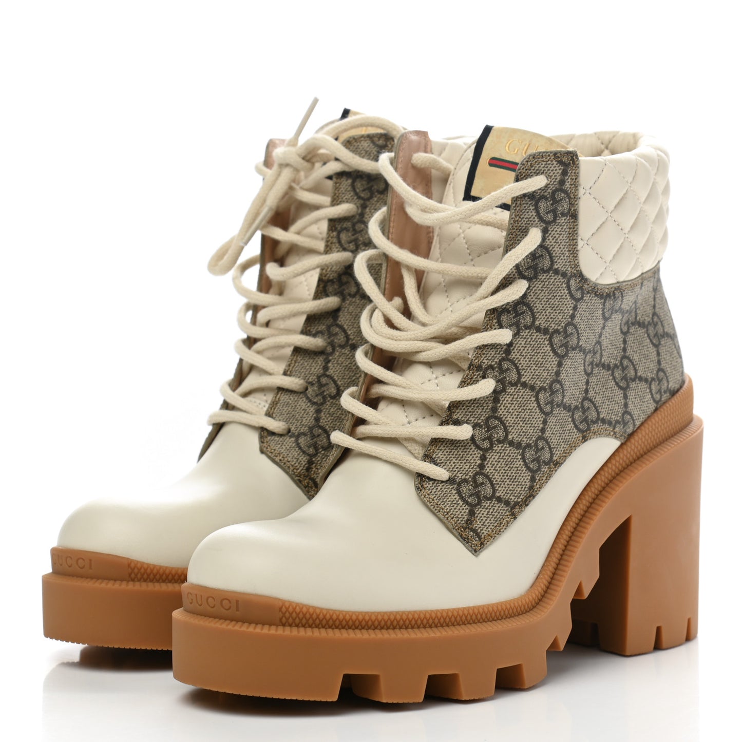Calfskin GG Supreme Monogram Nappa Quilted Lace Up Ankle Boots 38 Mystic White Beige