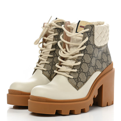 Gucci Calfskin GG Supreme Monogram Nappa Quilted Lace Up Ankle Boots 38 Mystic White Beige 3 of 10