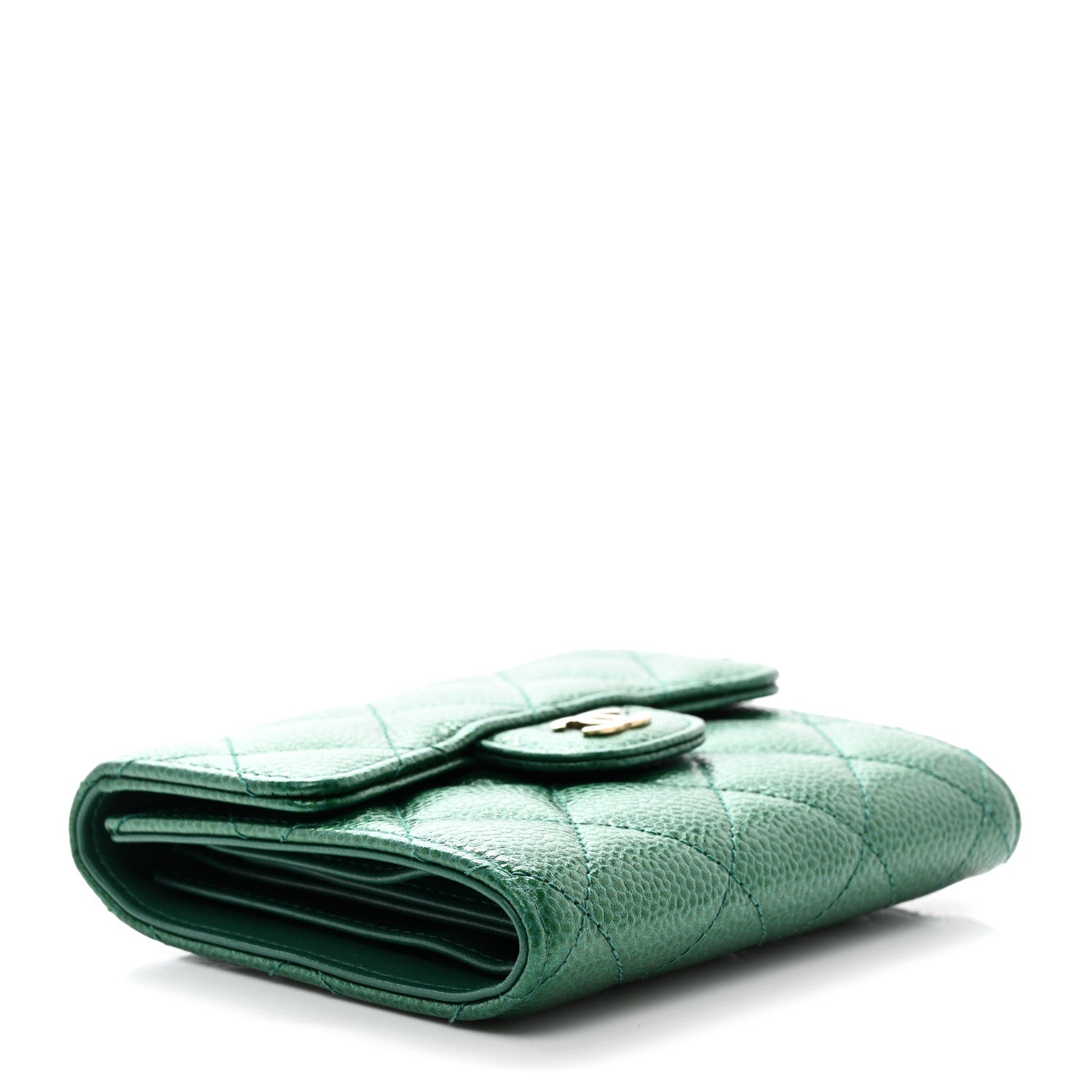 Chanel Metallic Caviar Quilted Compact Flap Wallet Green 4 of 9