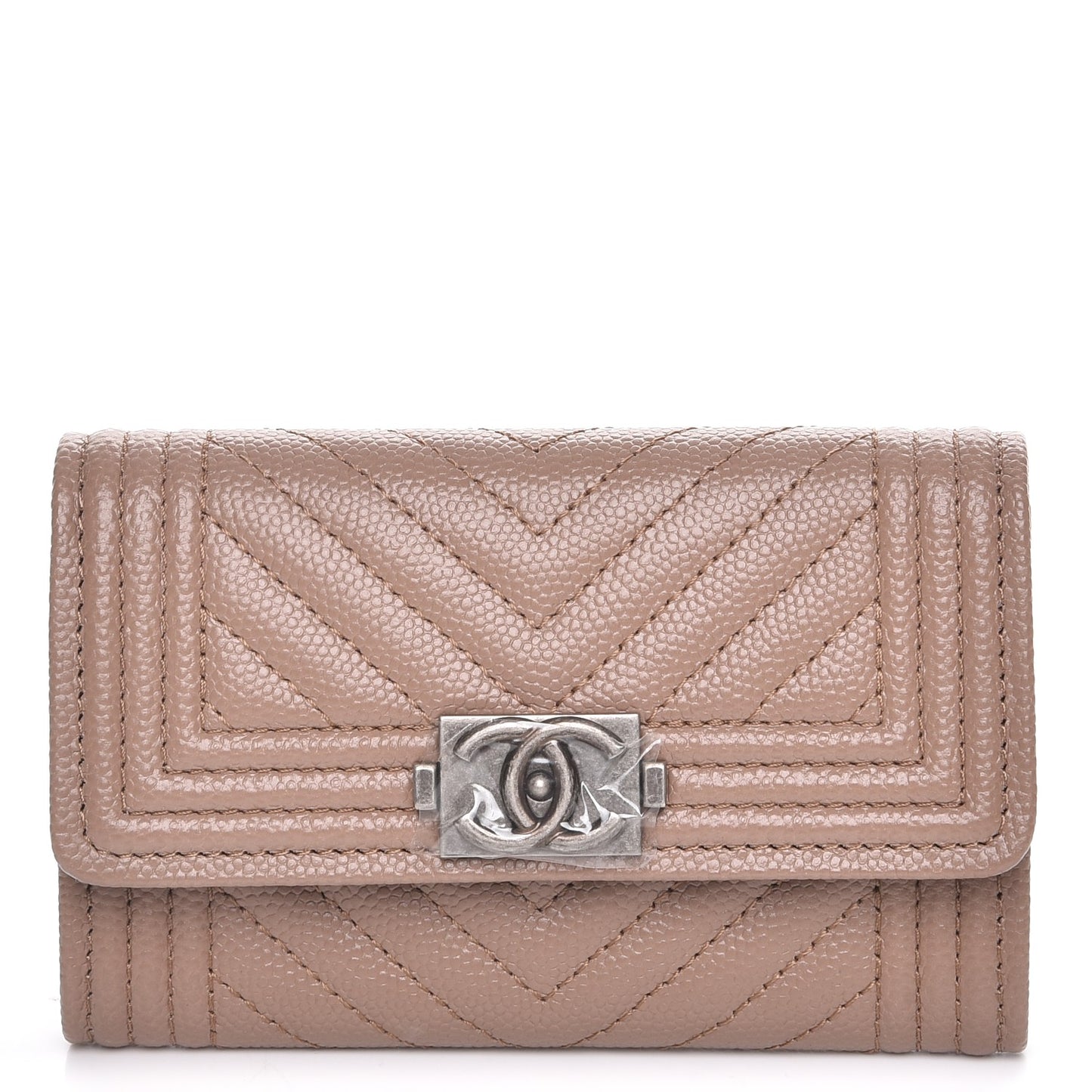 Caviar Chevron Quilted Boy Card Holder Wallet Dark Beige