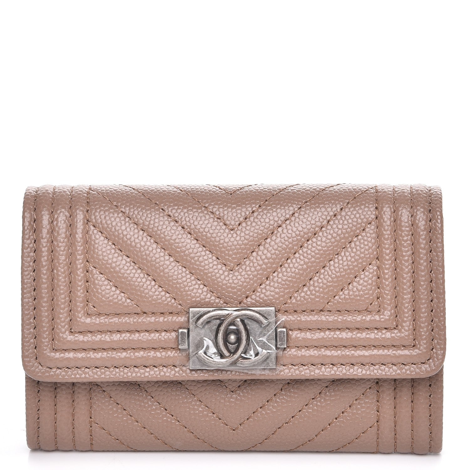 Chanel Caviar Chevron Quilted Boy Card Holder Wallet Dark Beige 1 of 9