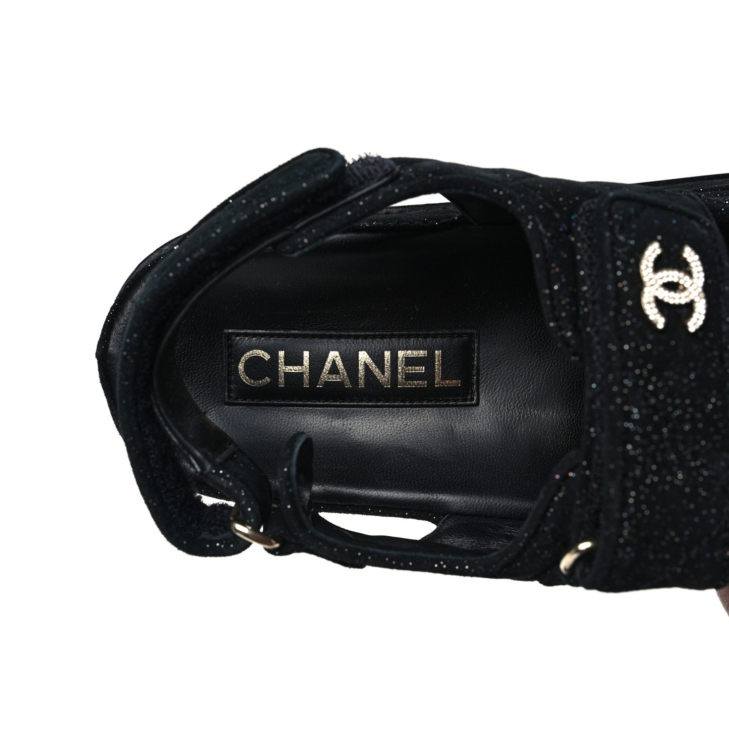 Suede Calfskin Glitter Crystal Velcro Dad Sandals 38 Black