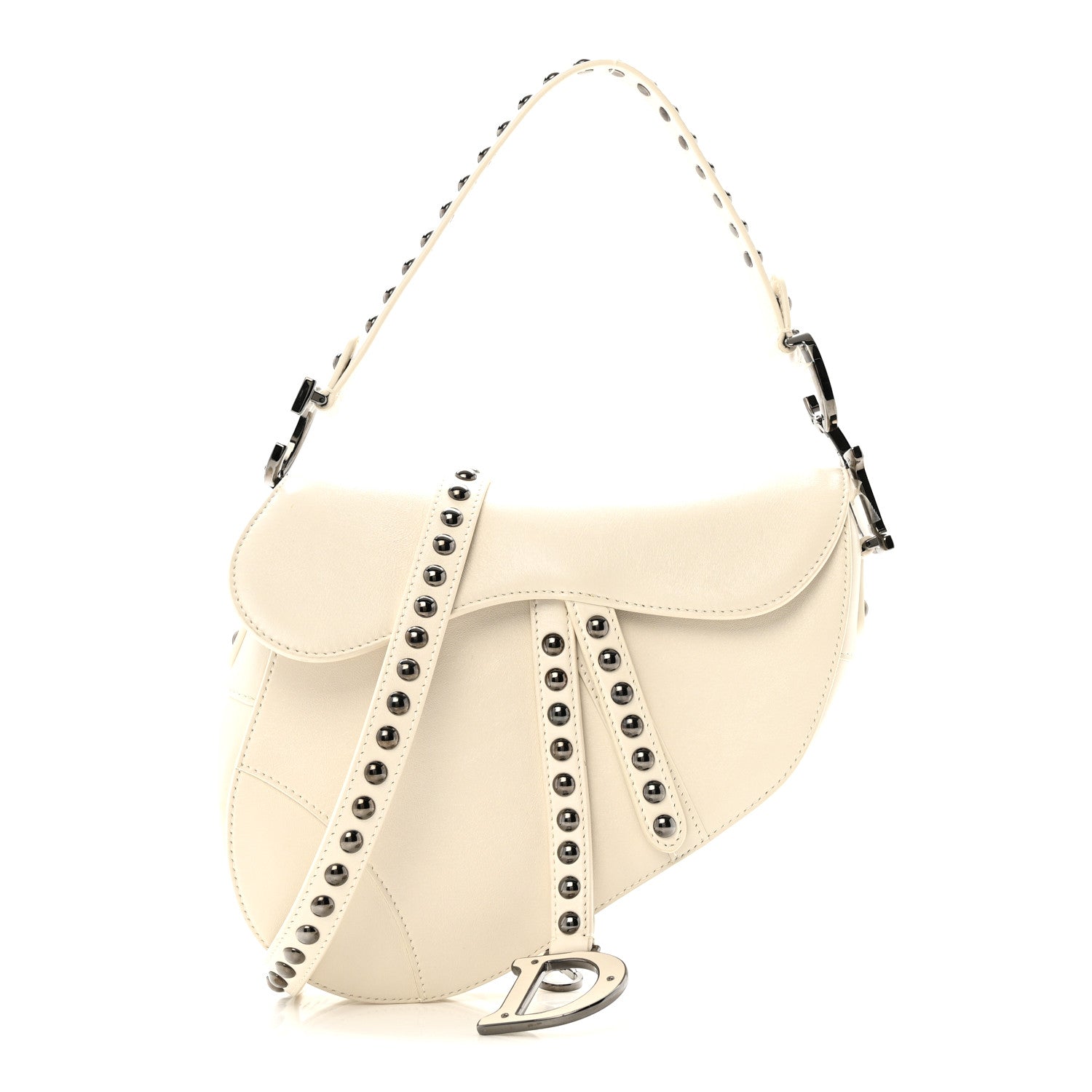 Christian Dior Crinkled Patent Lambskin Studded Saddle Bag With Strap Latte 1 of 13