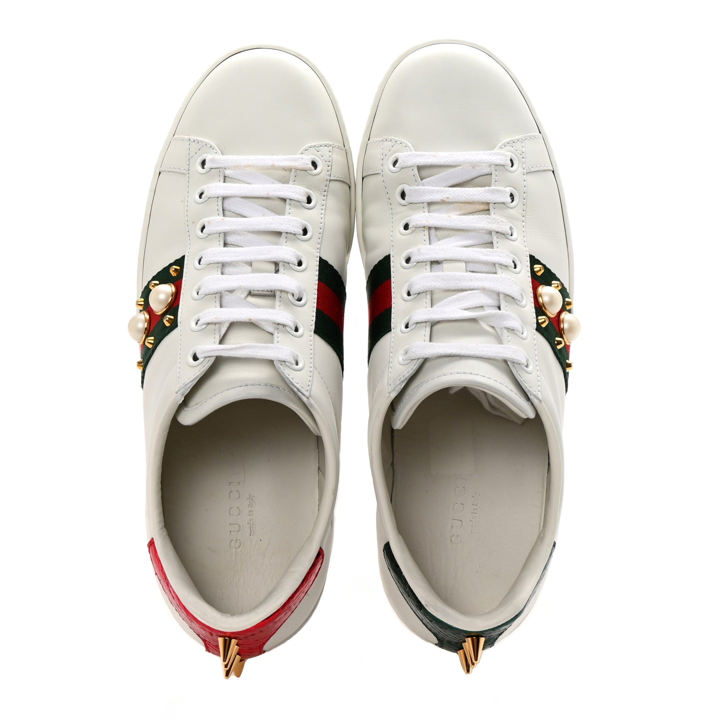 Calfskin Web Pearl Studded Womens Ace Sneakers 38.5 White