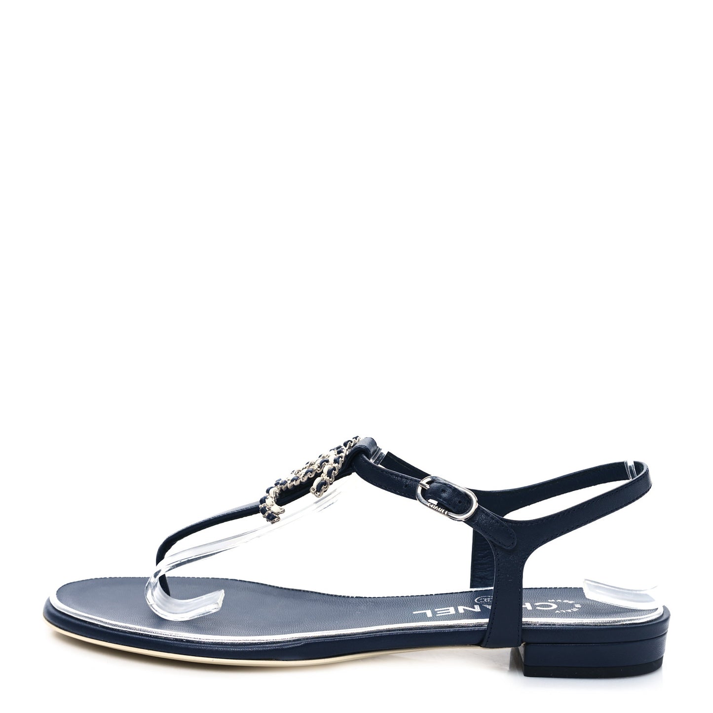 Lambskin CC Chain Thong Sandals 38 Navy