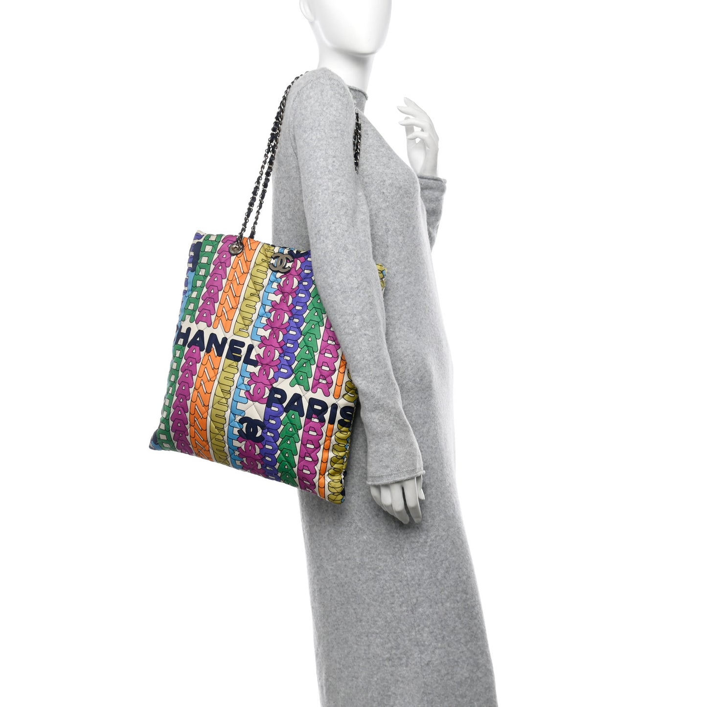Printed Fabric Quilted Logo Large Shopping Tote Multicolor