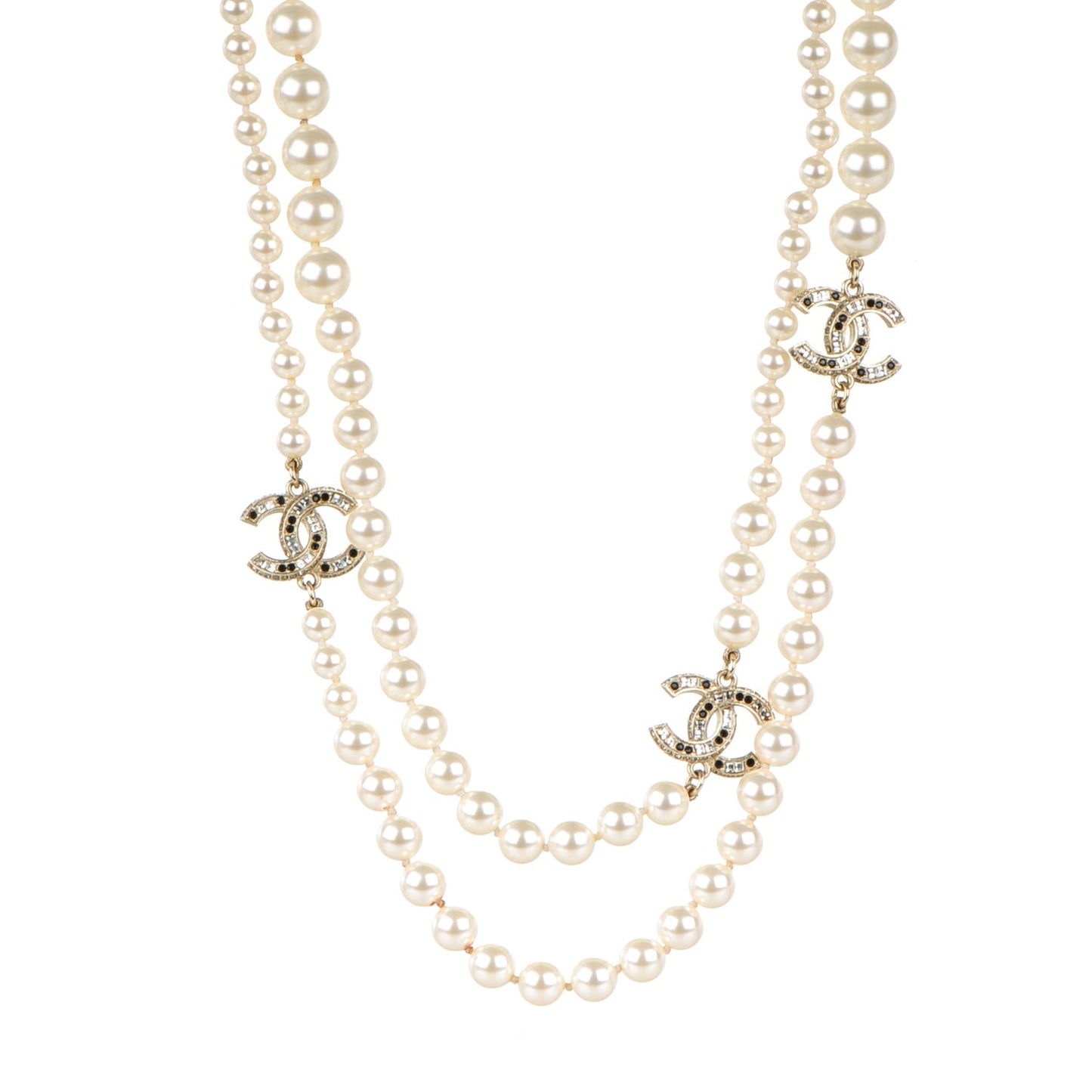 Graduated Pearl Crystal CC Long Necklace Black Gold