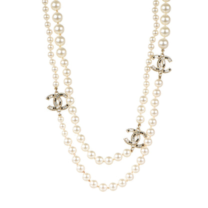 Chanel Graduated Pearl Crystal CC Long Necklace Black Gold 1 of 4