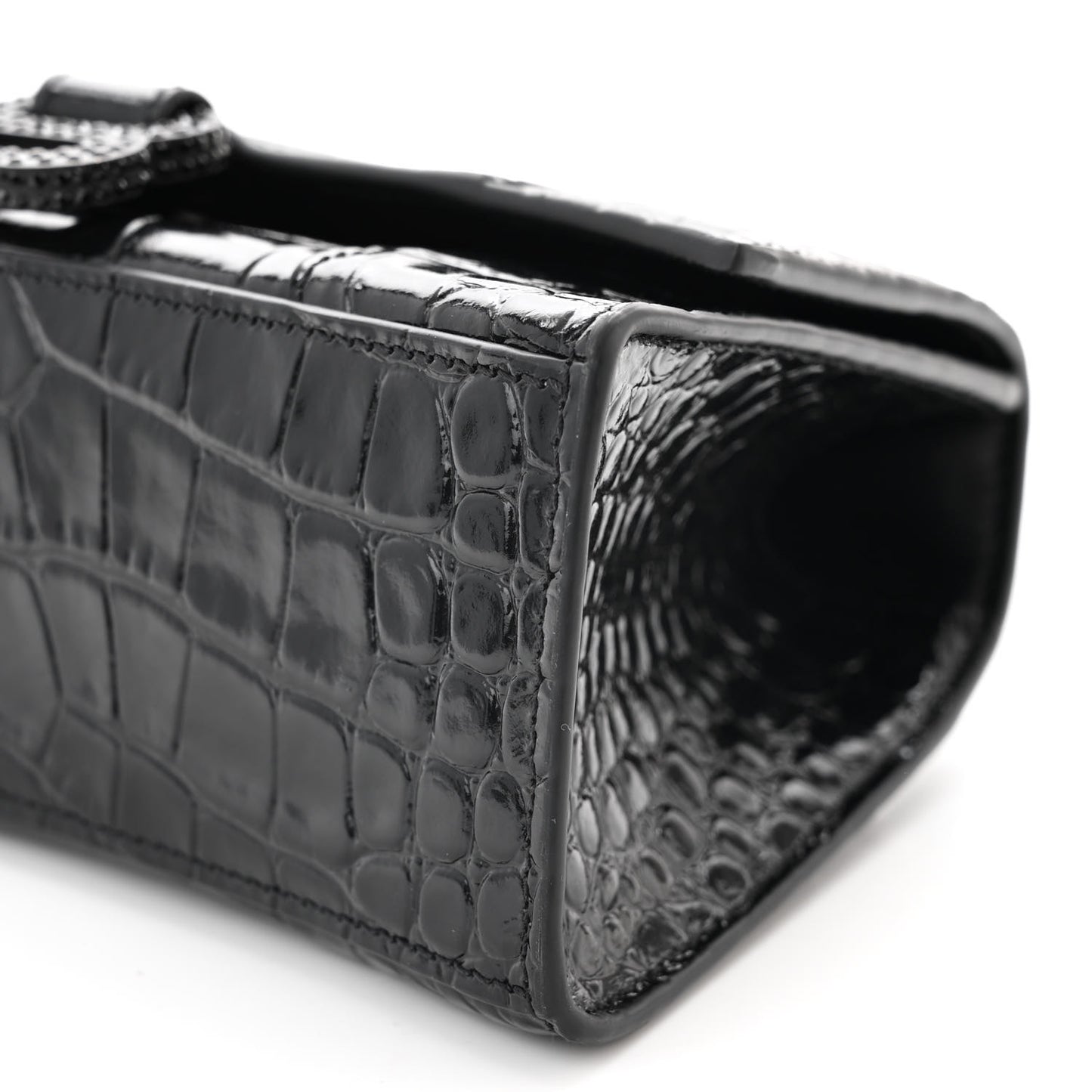 Shiny Calfskin Strass Monochrome Crocodile Embossed Hourglass Top Handle Bag XS Black