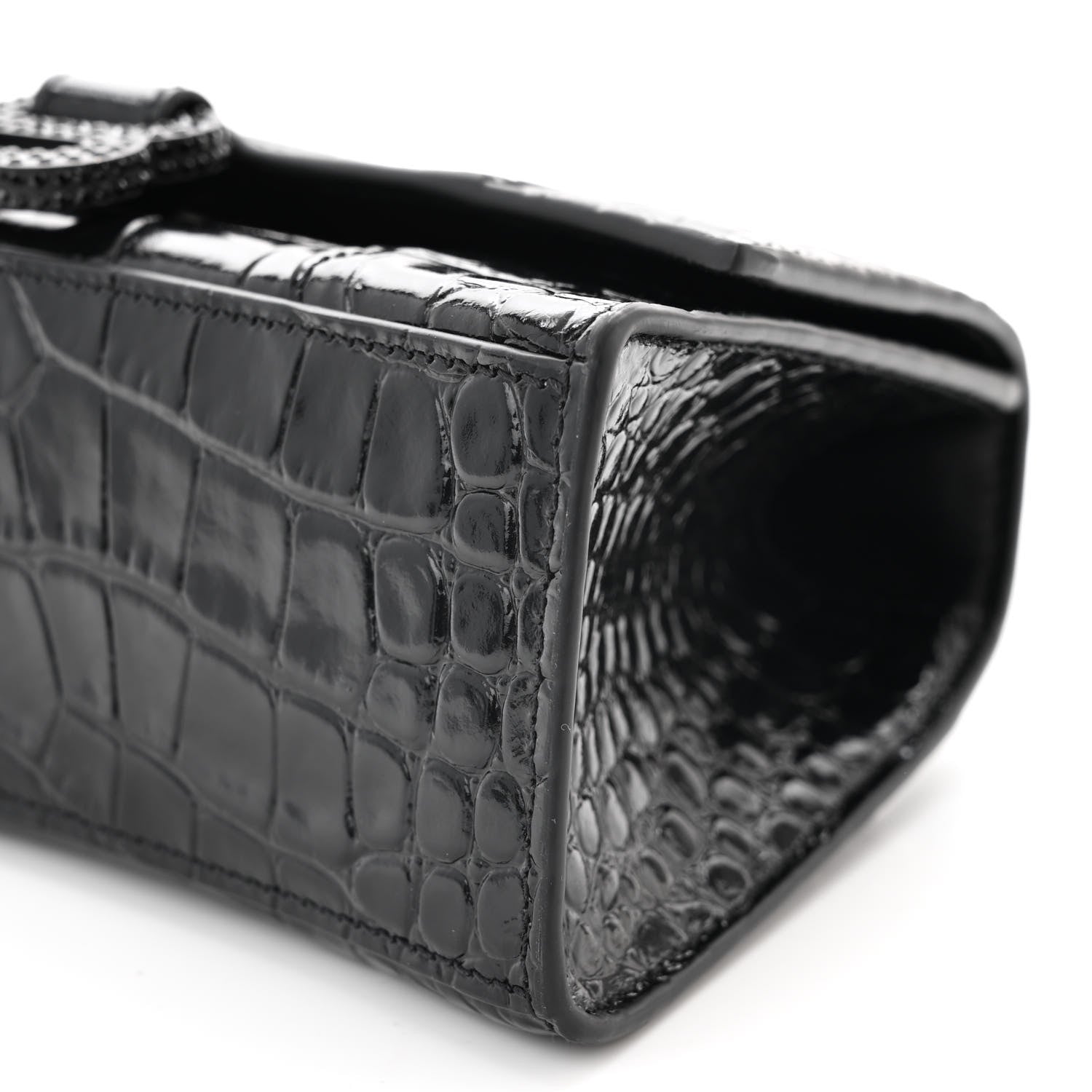 Balenciaga Shiny Calfskin Strass Monochrome Crocodile Embossed Hourglass Top Handle Bag XS Black 9 of 10