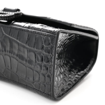 Balenciaga Shiny Calfskin Strass Monochrome Crocodile Embossed Hourglass Top Handle Bag XS Black 9 of 10