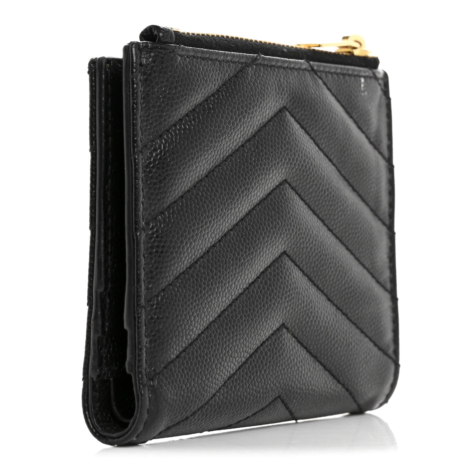 Saint Laurent Grain De Poudre Matelasse Chevron Monogram Zipped Card Case Black 3 of 12