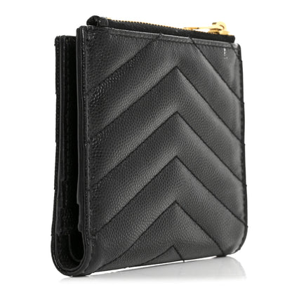 Saint Laurent Grain De Poudre Matelasse Chevron Monogram Zipped Card Case Black 3 of 12