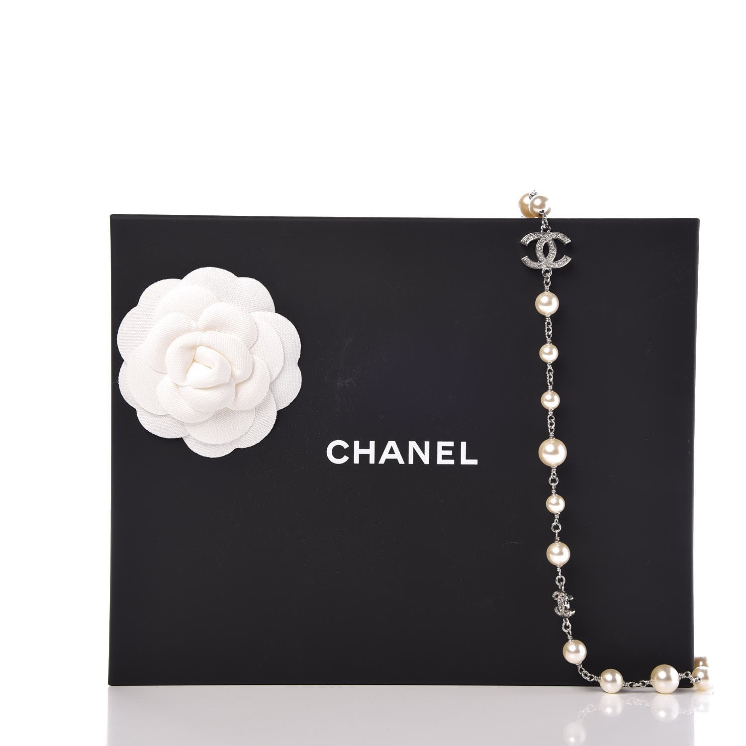 Chanel Crystal Pearl CC Long Necklace Silver 5 of 5