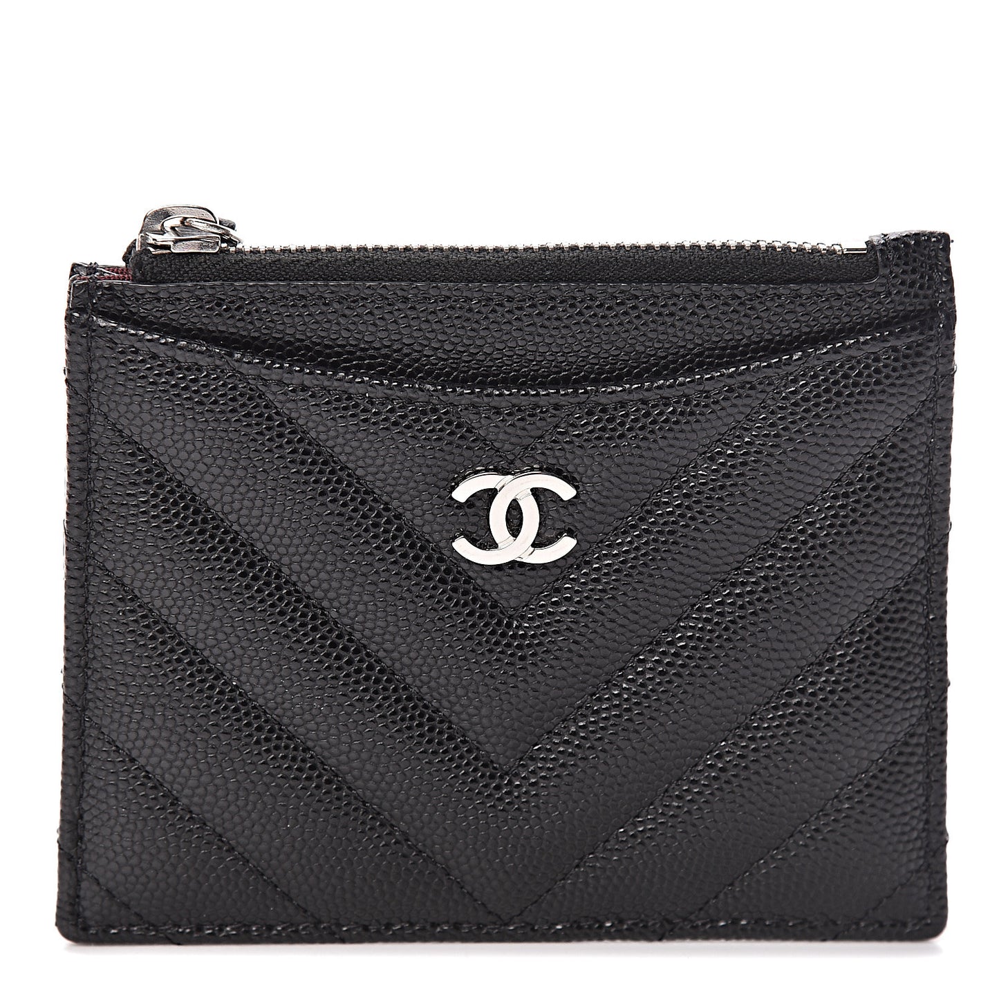 Caviar Chevron Quilted CC Zip Card Holder Black