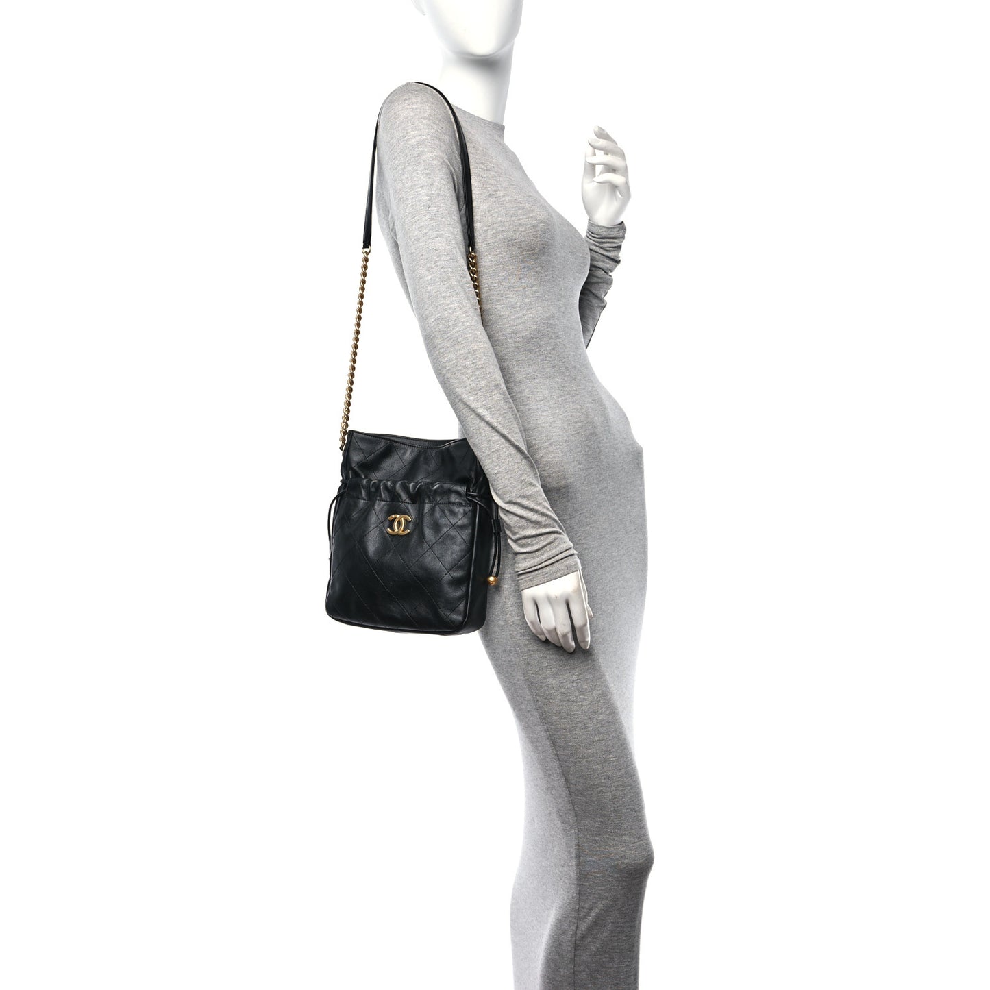 Calfskin Quilted Drawstring Bucket Bag Black