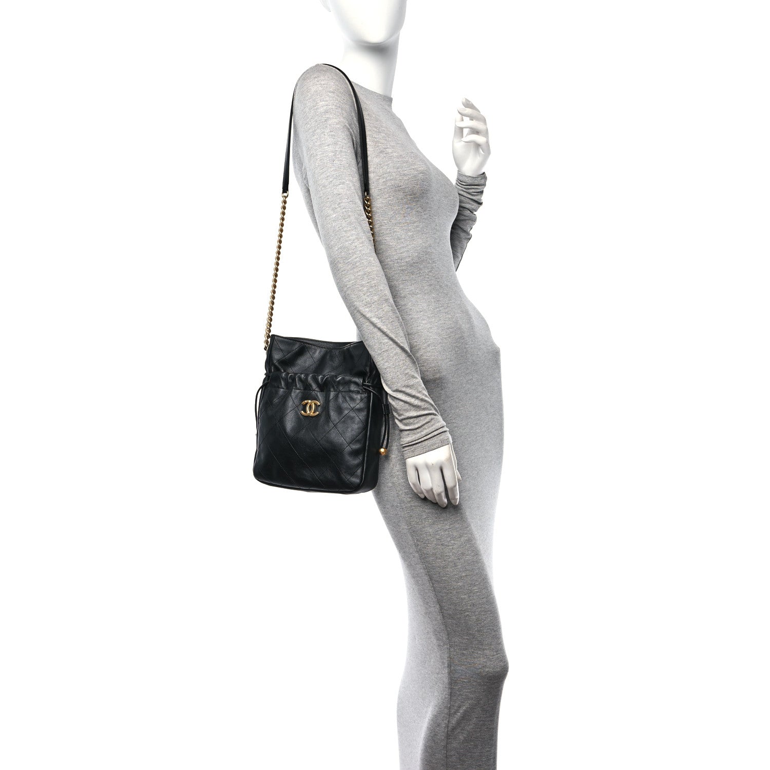 Chanel Calfskin Quilted Drawstring Bucket Bag Black 2 of 11