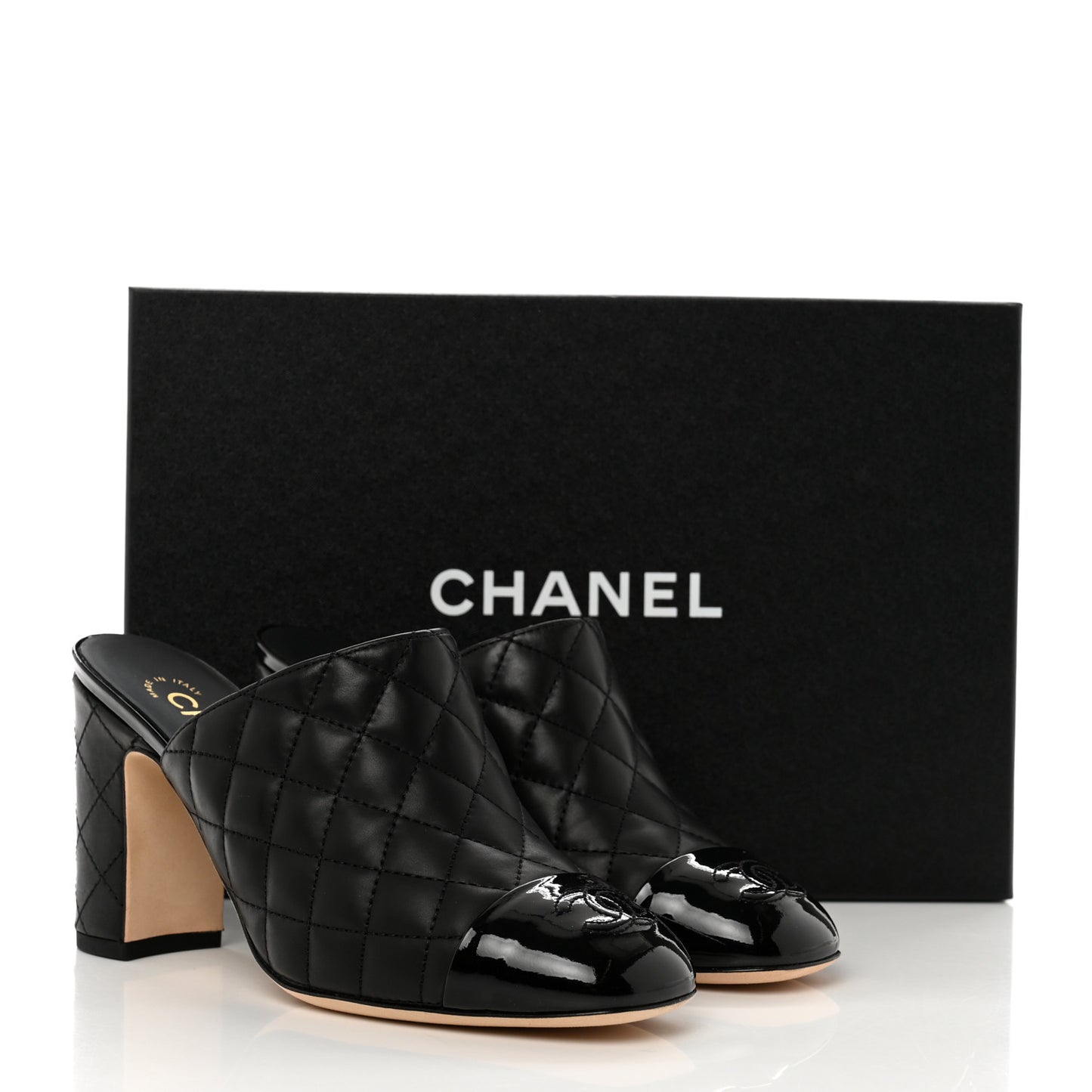 Patent Calfskin Quilted Cap Toe CC Mules 37 Black