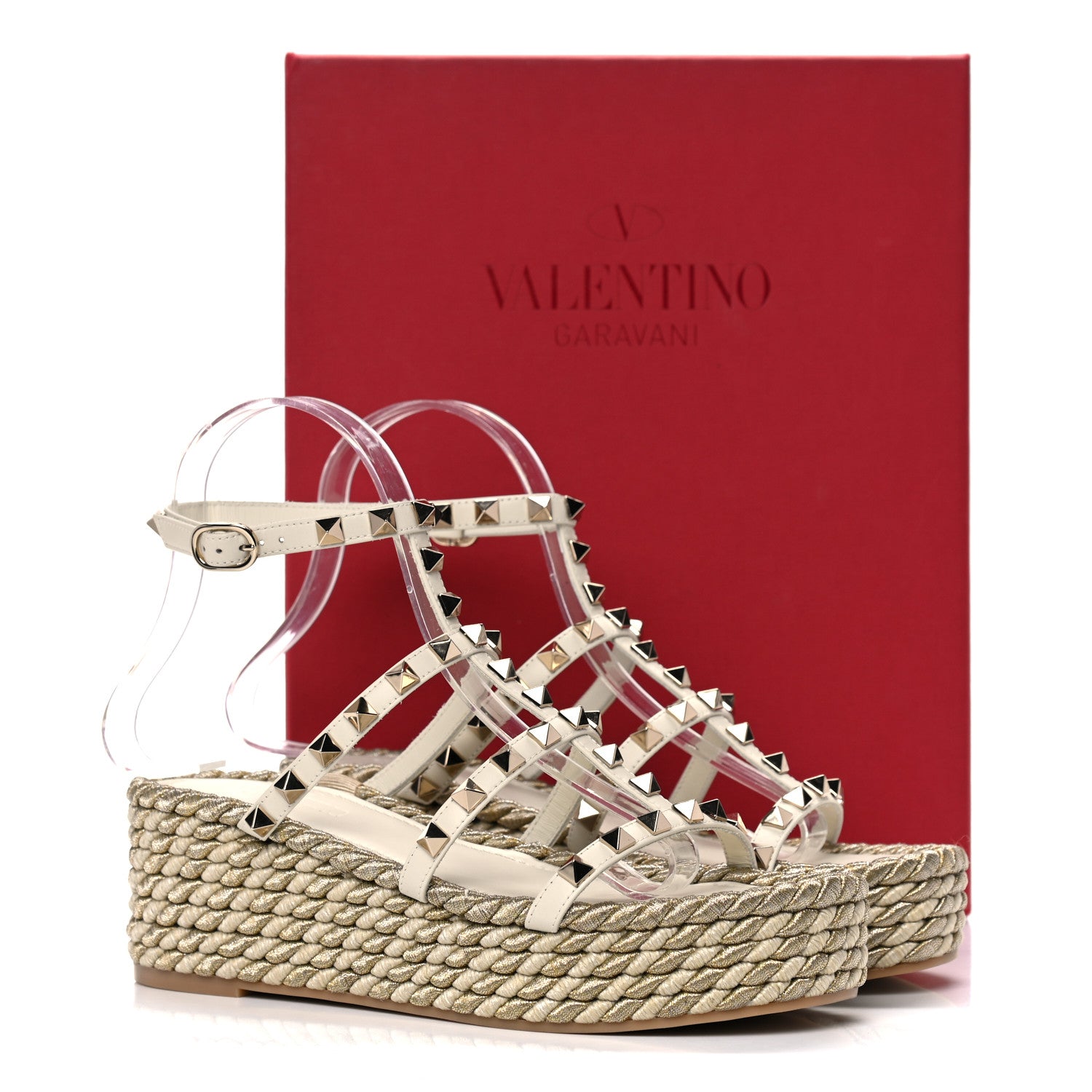 Valentino Garavani Calfskin Rockstud Ankle Strap Torchon Espadrille Caged 30/55mm Sandals 36 Light Ivory 11 of 11