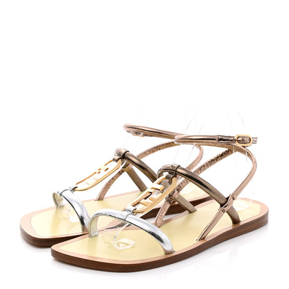 Fendi Metallic Nappa Fendi O'Lock Gladiator Flat Sandals 38 Argento Stagno Champagne 3 of 8