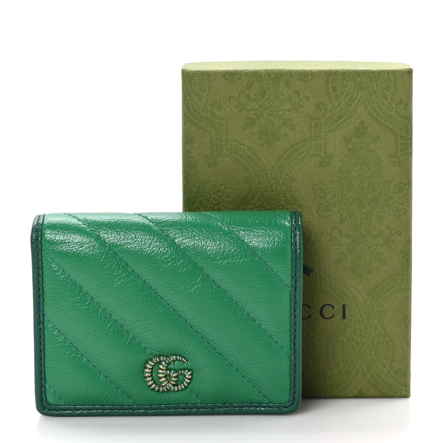 Azalea Calfskin Enamel Matelasse Diagonal Torchon GG Marmont Card Case New Shamrock Emerald