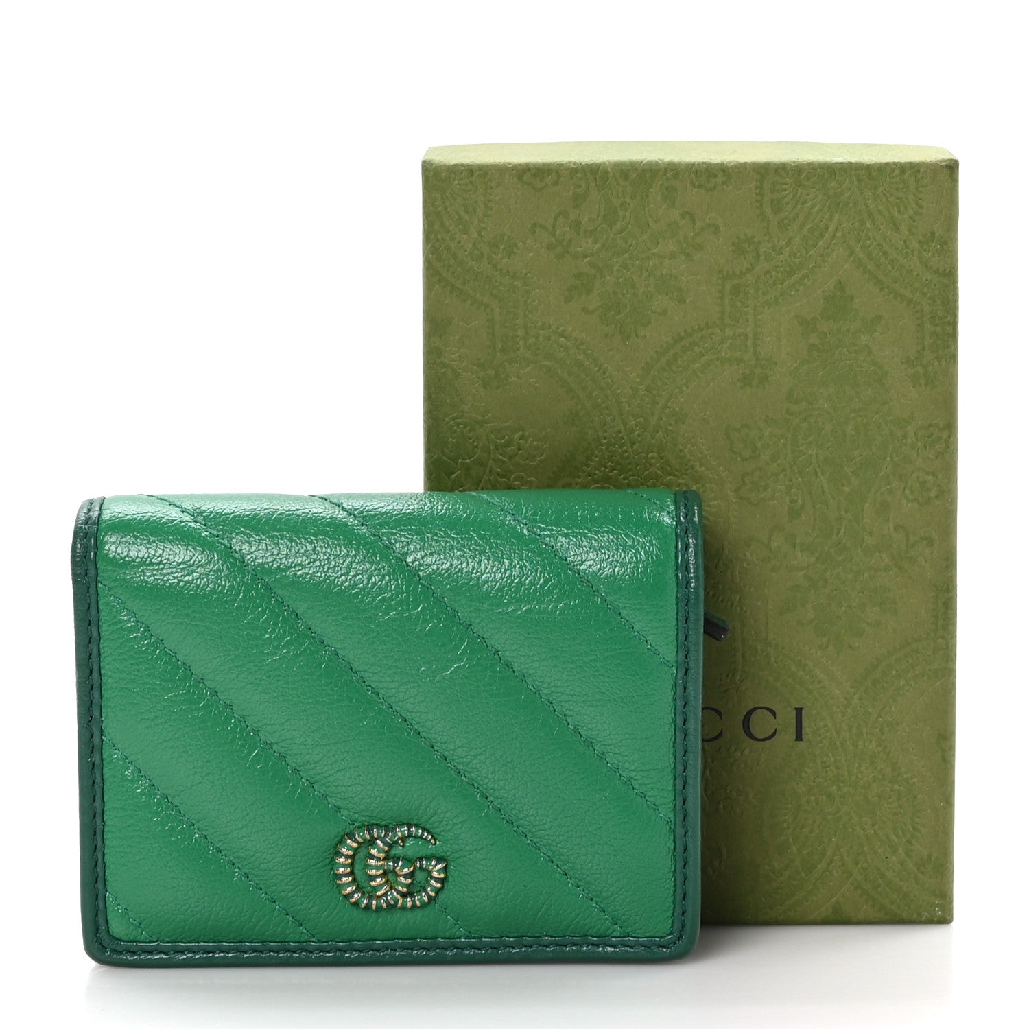 Gucci Azalea Calfskin Enamel Matelasse Diagonal Torchon GG Marmont Card Case New Shamrock Emerald 10 of 10