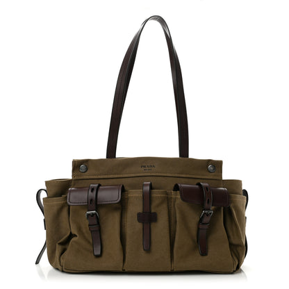 Prada Canvas Calfskin Large Route Shoulder Bag Khaki 1 of 14