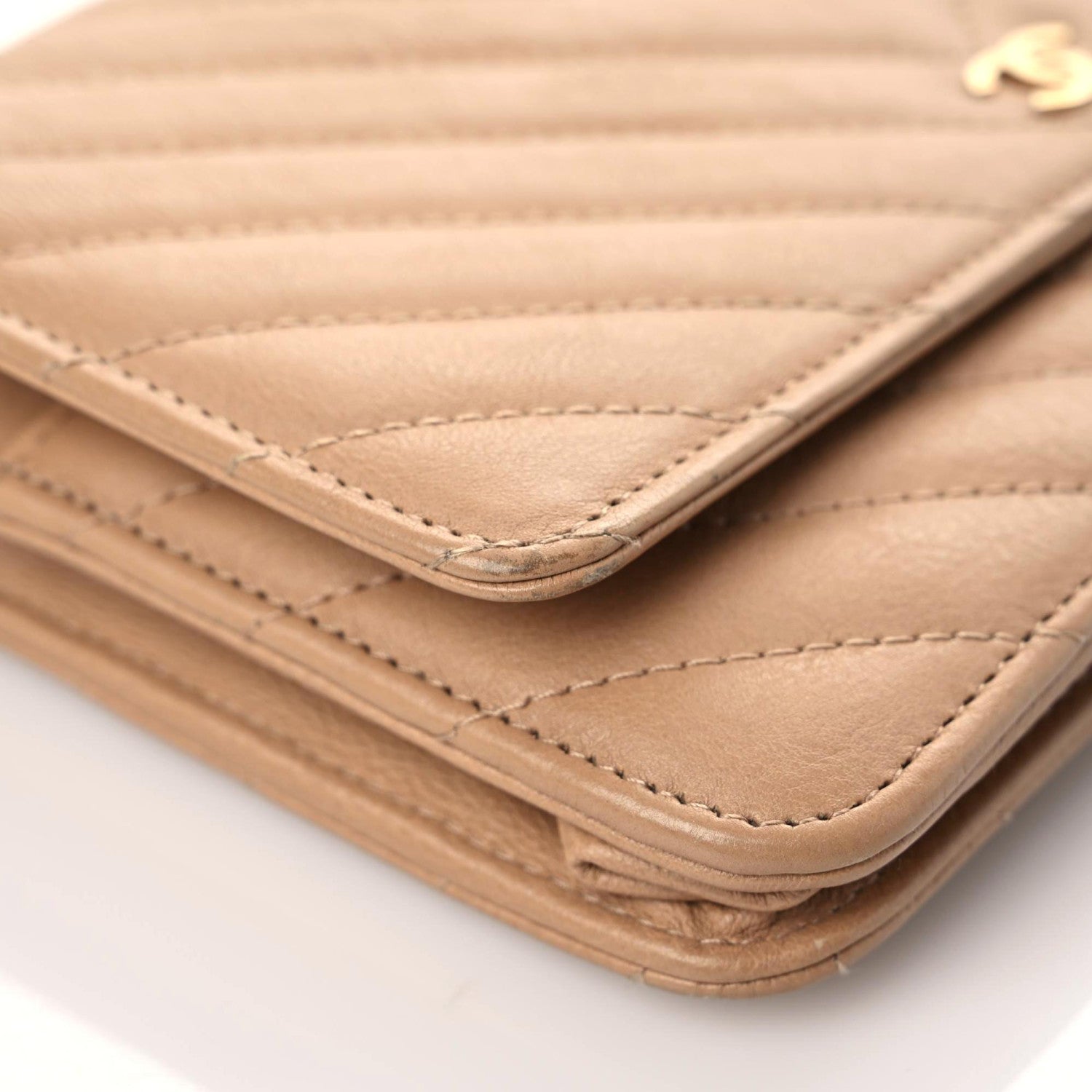 Chanel Calfskin Chevron Quilted Wallet On Chain WOC Beige 7 of 19