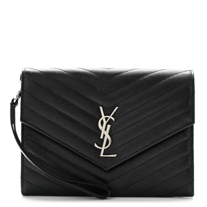 Saint Laurent Grain De Poudre Matelasse Chevron Monogram Envelope Clutch Black 1 of 8