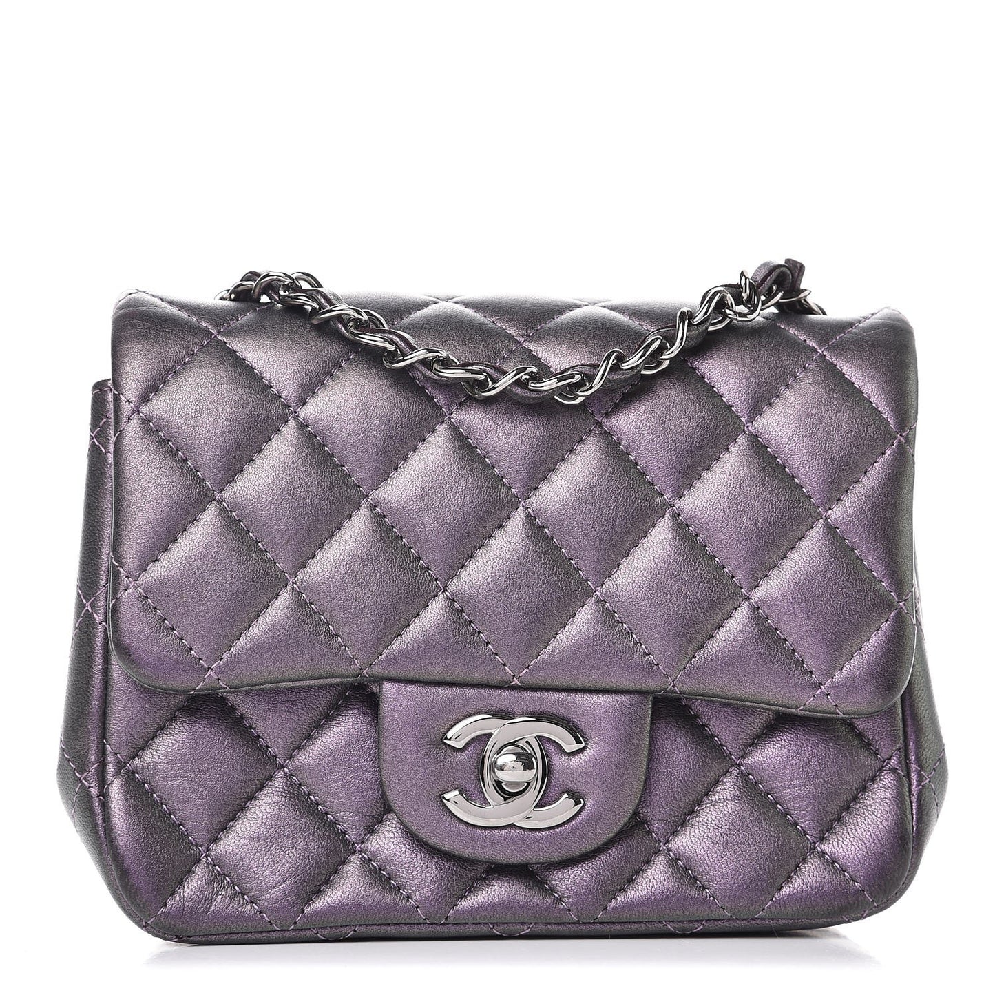 Iridescent Lambskin Quilted Mini Square Flap Dark Purple