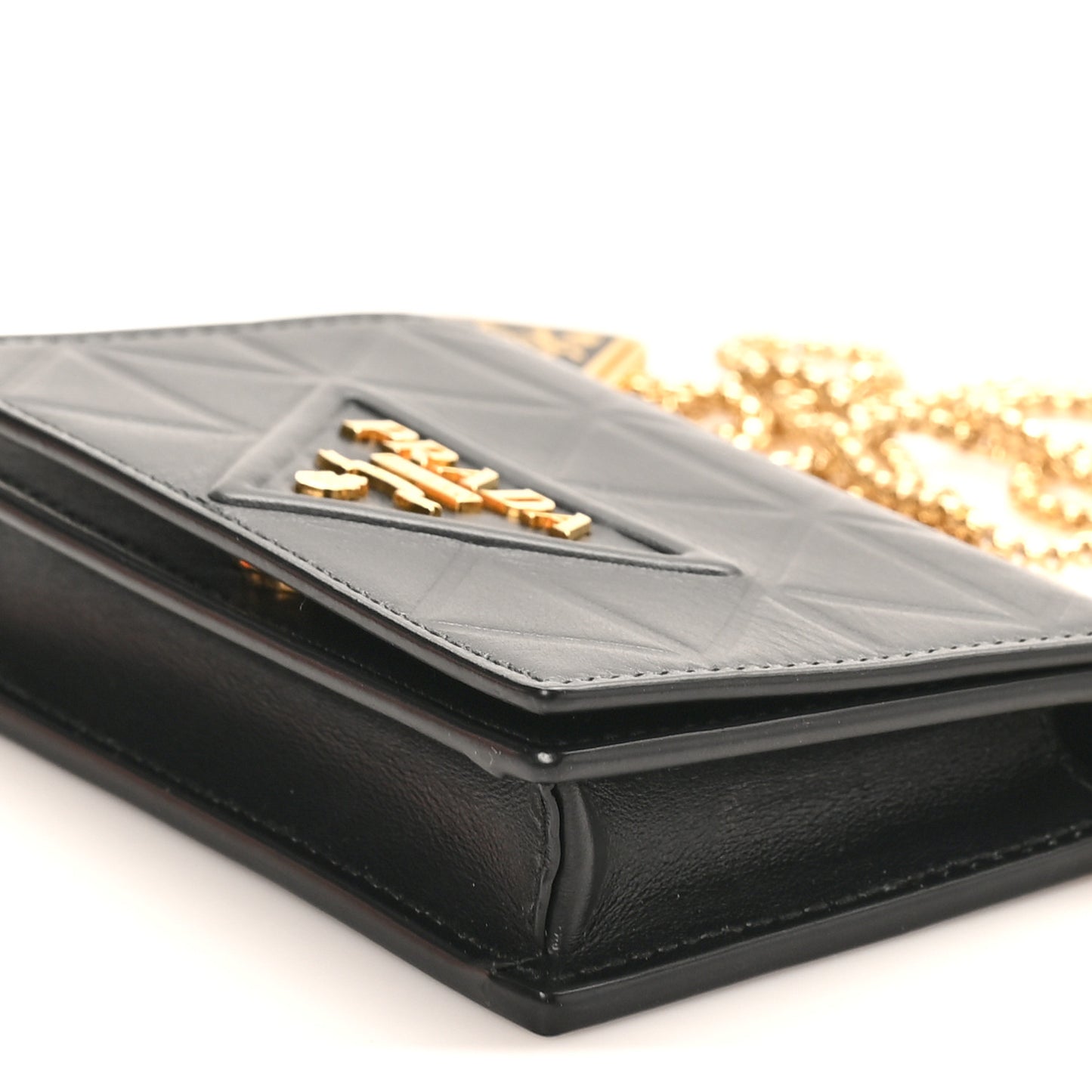 Nappa Quilted Metal Patchwork Triangle Logo Card Holder With Strap Black